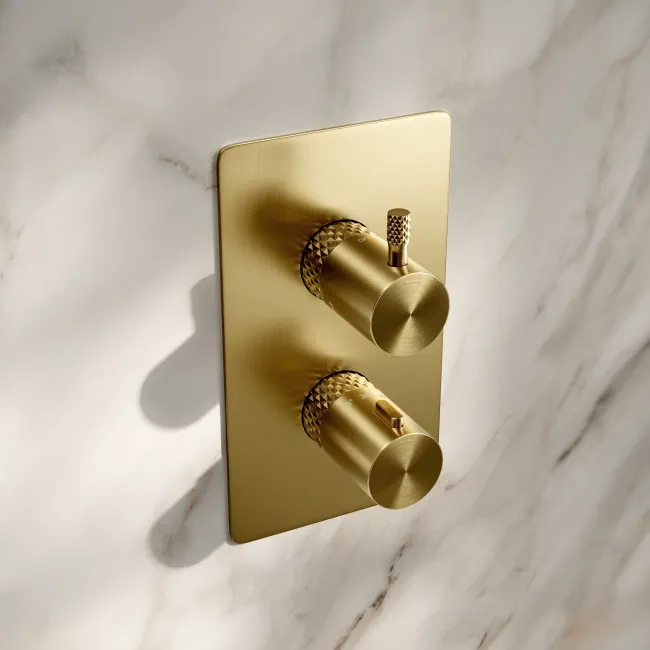 Suir Premium Brushed Brass Round Thermostatic Shower Valve with Knurled Detailing - 2 Outlet