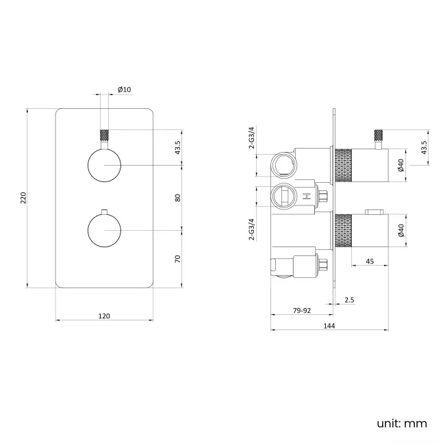 Suir Premium Brushed Brass Round Thermostatic Shower Valve with Knurled Detailing - 2 Outlet
