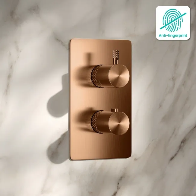 Suir Premium Brushed Copper Round Thermostatic Shower Valve with Knurled Detailing - 2 Outlet
