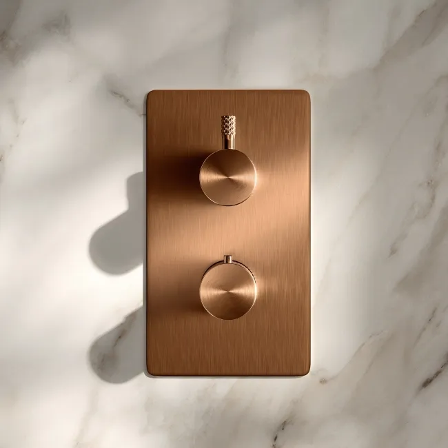 Suir Premium Brushed Copper Round Thermostatic Shower Valve with Knurled Detailing - 2 Outlet