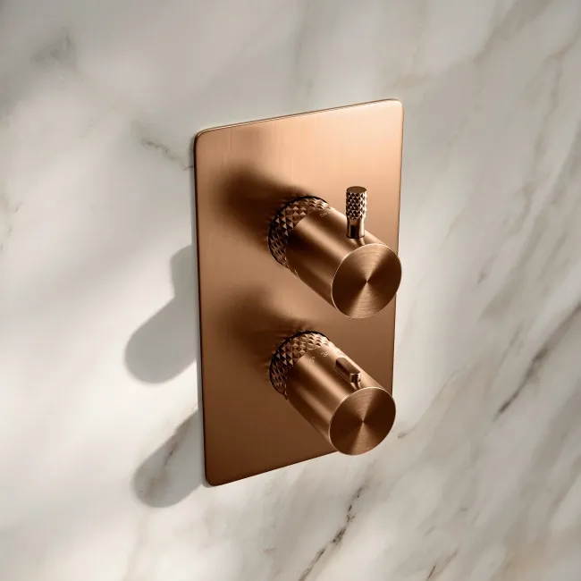 Suir Premium Brushed Copper Round Thermostatic Shower Valve with Knurled Detailing - 2 Outlet