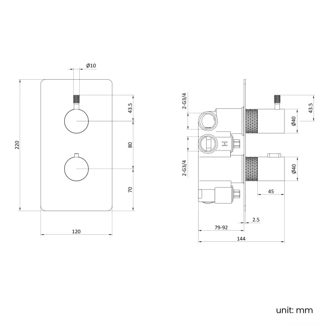 Suir Premium Brushed Copper Round Thermostatic Shower Valve with Knurled Detailing - 2 Outlet