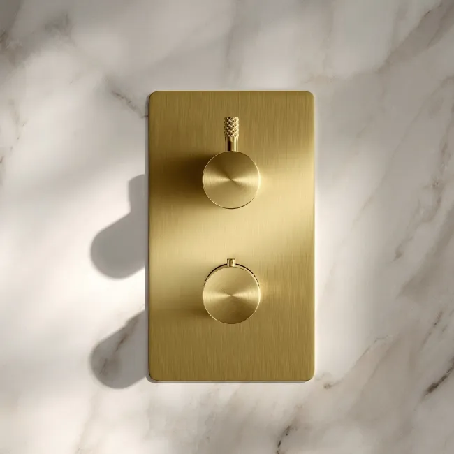Suir Premium Brushed Brass Round Thermostatic Shower Valve with Knurled Detailing - 3 Outlet