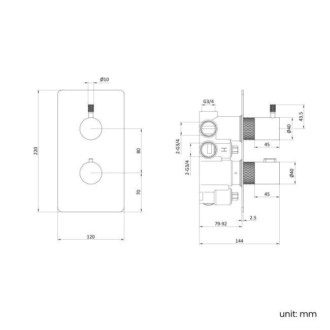 Suir Premium Brushed Gunmetal Round Thermostatic Shower Valve with Knurled Detailing - 3 Outlet