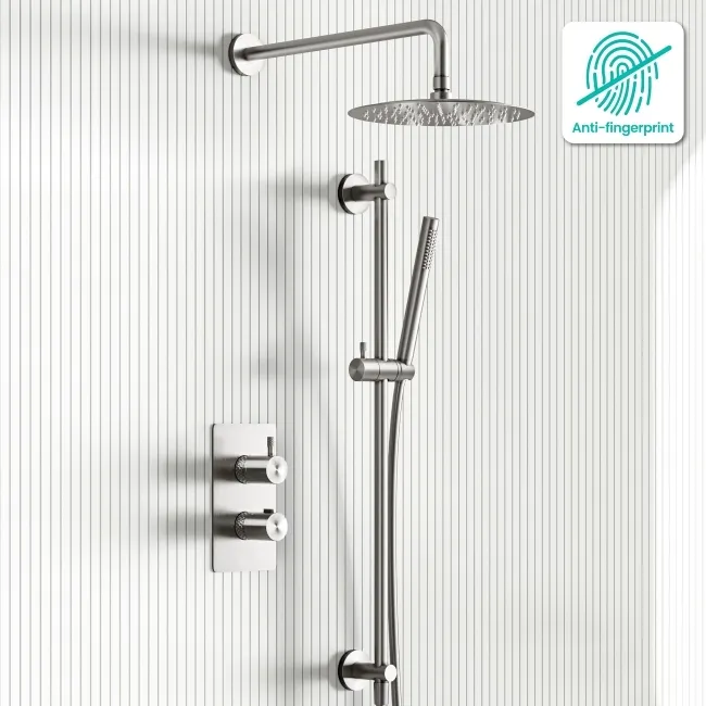 Suir Premium Brushed Nickel Round Thermostatic Shower Set with Knurled Detailing