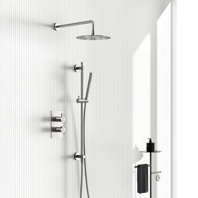 Suir Premium Brushed Nickel Round Thermostatic Shower Set with Knurled Detailing