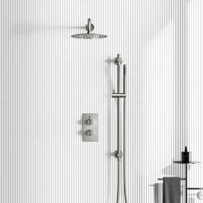 Suir Premium Brushed Nickel Round Thermostatic Shower Set with Knurled Detailing