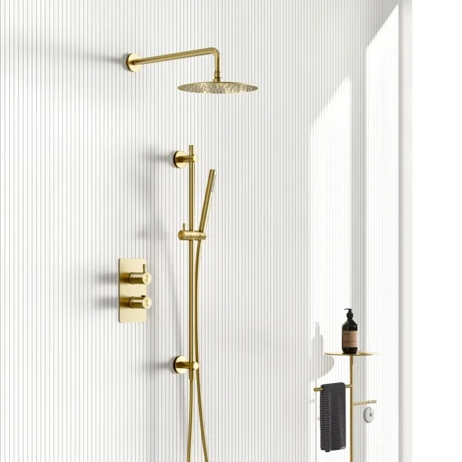 Suir Premium Brushed Brass Round Thermostatic Shower Set with Knurled Detailing