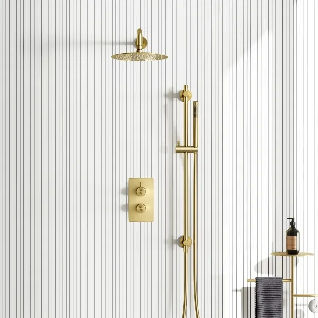 Suir Premium Brushed Brass Round Thermostatic Shower Set with Knurled Detailing