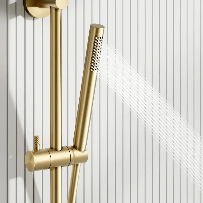 Suir Premium Brushed Brass Round Thermostatic Shower Set with Knurled Detailing