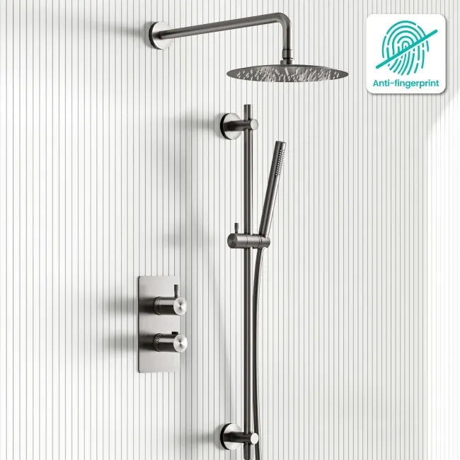 Suir Premium Brushed Gunmetal Round Thermostatic Shower Set with Knurled Detailing