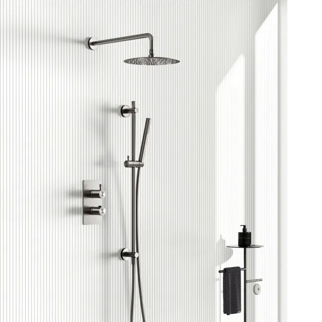 Suir Premium Brushed Gunmetal Round Thermostatic Shower Set with Knurled Detailing
