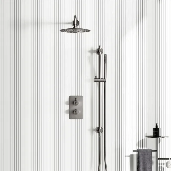 Suir Premium Brushed Gunmetal Round Thermostatic Shower Set with Knurled Detailing