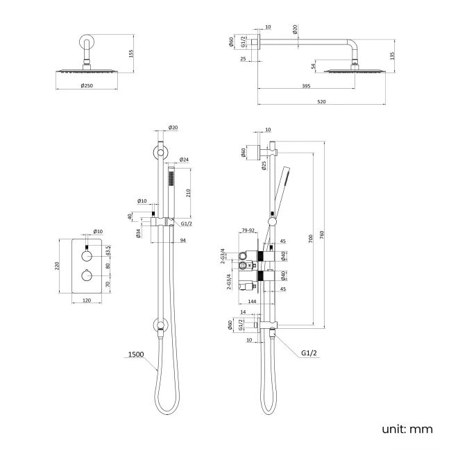 Suir Premium Brushed Gunmetal Round Thermostatic Shower Set with Knurled Detailing