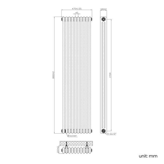 Athens Antique Copper Triple Column Vertical Traditional Radiator 1800x470mm
