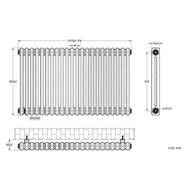Athens White Double Column Horizontal Traditional Radiator 600x1010mm