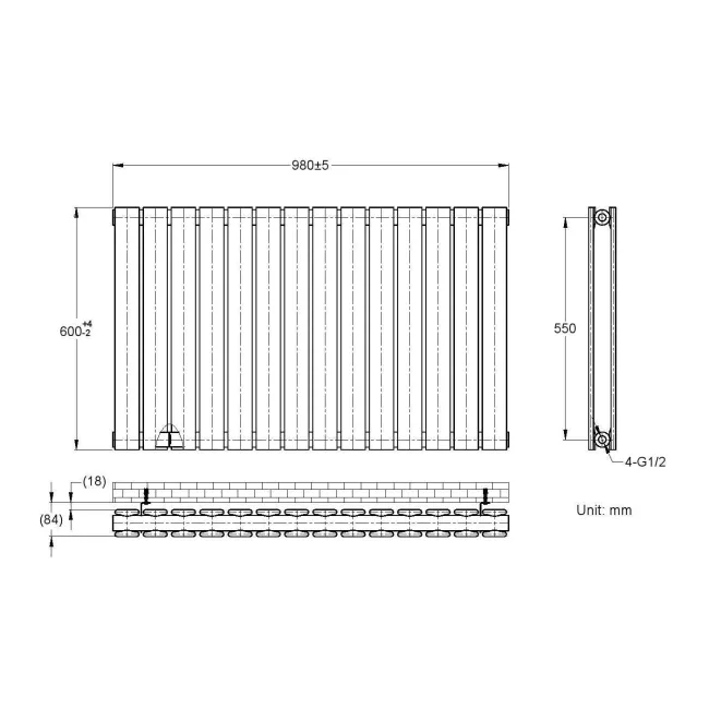 Faro Matt Black Double Flat Panel Horizontal Radiator 600x980mm