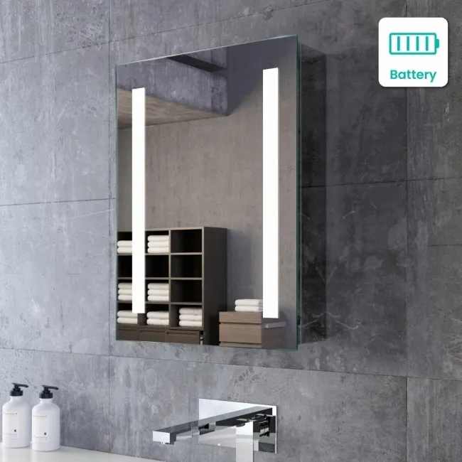 Emielia Battery Powered Illuminated LED Cloakroom Mirror Cabinet 600x450mm