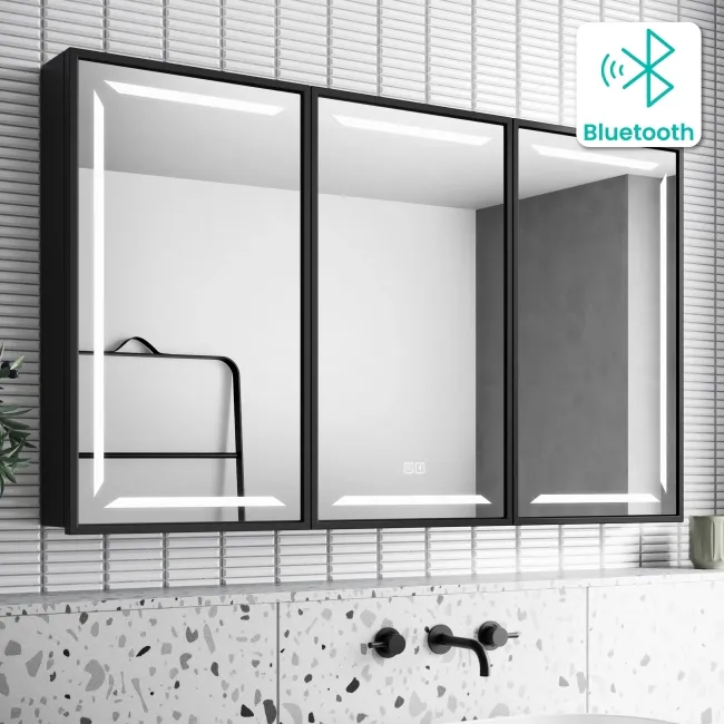 Mia Black Framed Illuminated LED Mirror Cabinet With BLUETOOTH Speaker & USB Port 710x1200mm