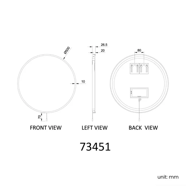 Delilah Battery Powered Black Framed Round Backlit LED Mirror 500mm