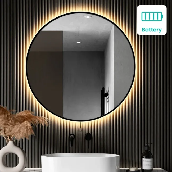 Delilah Battery Powered Black Framed Round Backlit LED Mirror 800mm