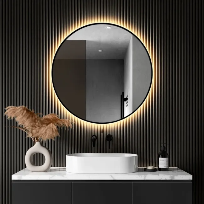 Delilah Battery Powered Black Framed Round Backlit LED Mirror 800mm