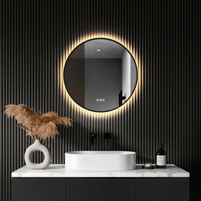 Delilah Black Framed Round Backlit LED Mirror With BLUETOOTH Speaker 600mm