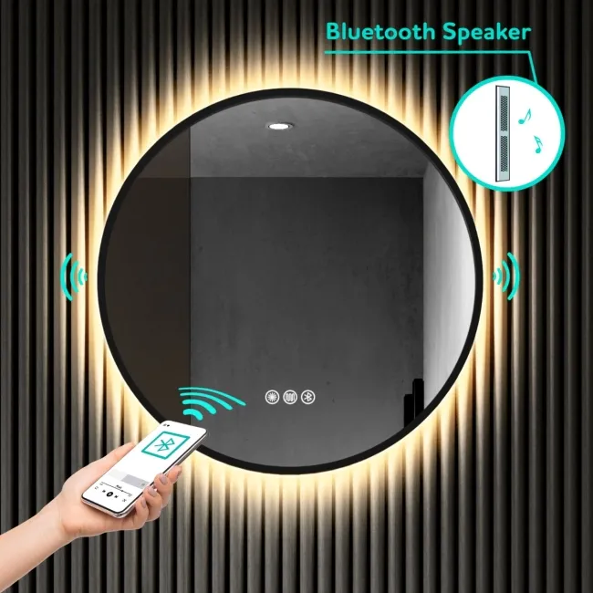 Delilah Black Framed Round Backlit LED Mirror With BLUETOOTH Speaker 600mm