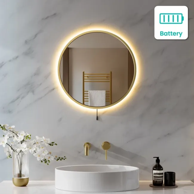 Delilah Battery Powered Brushed Brass Round Backlit LED Mirror 500mm