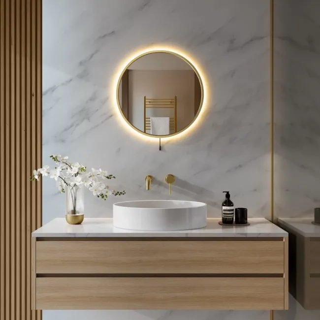 Delilah Battery Powered Brushed Brass Round Backlit LED Mirror 500mm