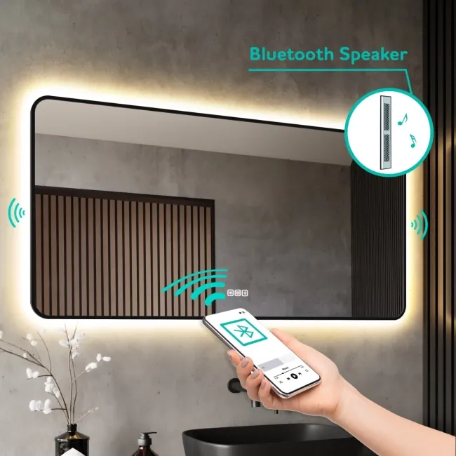Mila Black Framed Backlit Illuminated LED Mirror With BLUETOOTH Speaker 600x1200mm