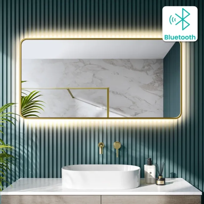Mila Brushed Brass Backlit Illuminated LED Mirror With BLUETOOTH Speaker 600x1200mm