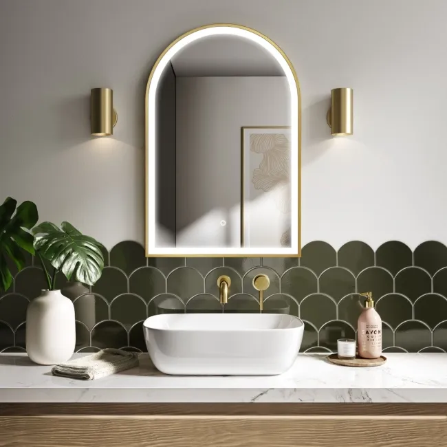 Maya Brushed Brass Arched Illuminated LED Mirror 750x500mm