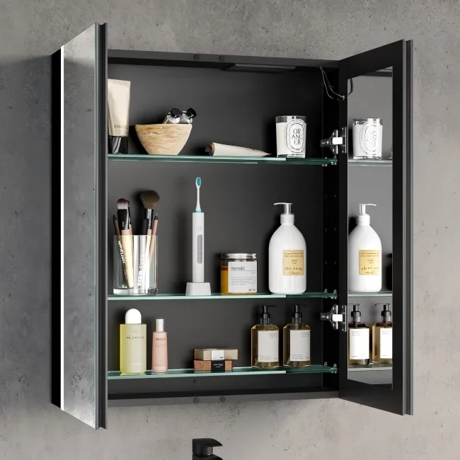 Selma Battery Powered Matt Black Illuminated LED Mirror Cabinet 700x600mm