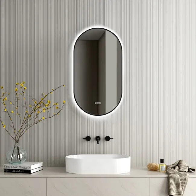Ada Pill Black Framed Backlit Illuminated LED Mirror With BLUETOOTH Speaker 900x500mm