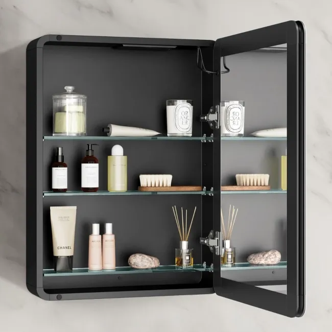 Aurora Battery Powered Matt Black Illuminated LED Mirror Cabinet 600x450mm