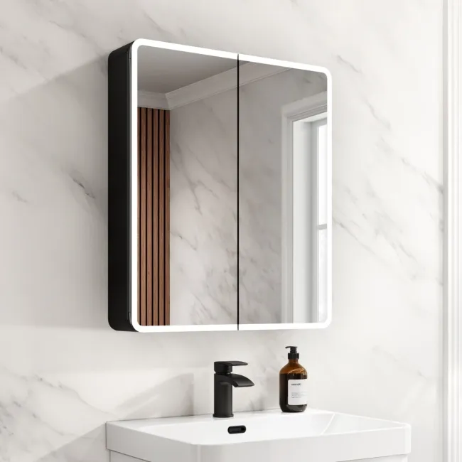 Aurora Battery Powered Matt Black Illuminated LED Mirror Cabinet 700x600mm