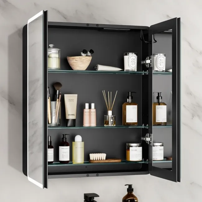 Aurora Battery Powered Matt Black Illuminated LED Mirror Cabinet 700x600mm