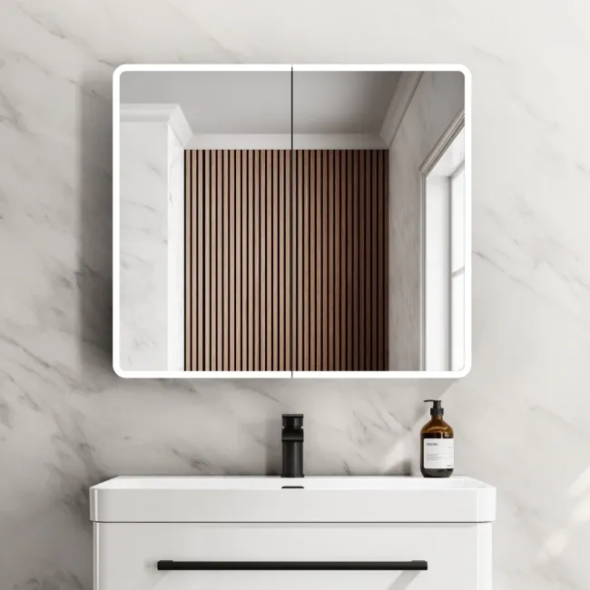 Aurora Battery Powered Matt Black Illuminated LED Mirror Cabinet 700x800mm