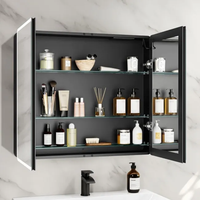 Aurora Battery Powered Matt Black Illuminated LED Mirror Cabinet 700x800mm