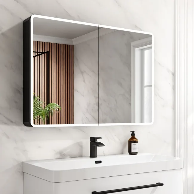 Aurora Battery Powered Matt Black Illuminated LED Mirror Cabinet 700x1000mm