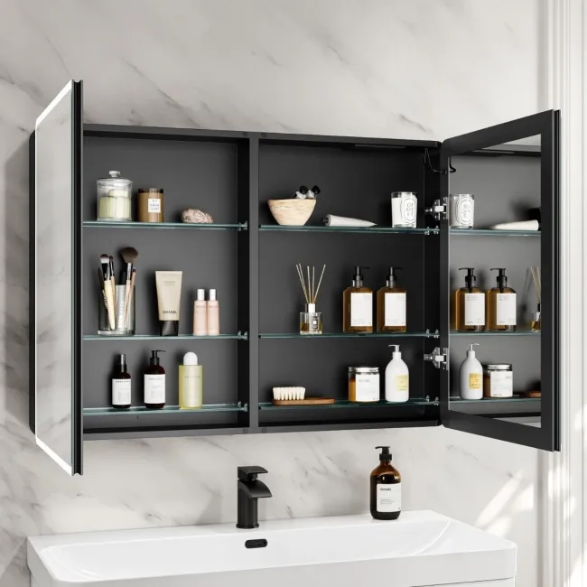 Aurora Battery Powered Matt Black Illuminated LED Mirror Cabinet 700x1000mm