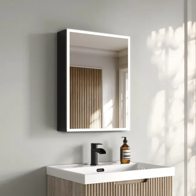 Esme Battery Powered Matt Black Illuminated LED Mirror Cabinet 600x450mm