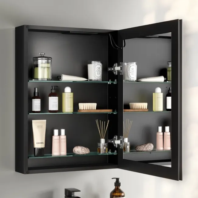 Esme Battery Powered Matt Black Illuminated LED Mirror Cabinet 600x450mm