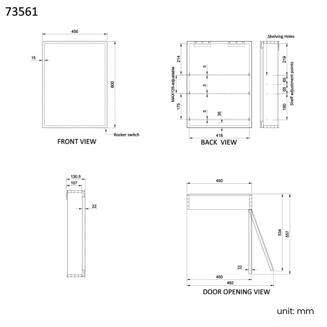 Esme Battery Powered Matt Black Illuminated LED Mirror Cabinet 600x450mm
