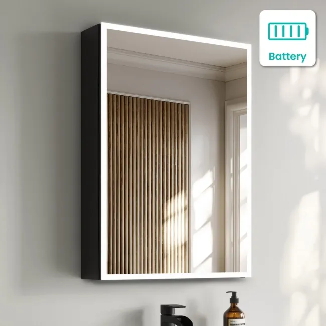 Esme Battery Powered Matt Black Illuminated LED Mirror Cabinet 700x500mm
