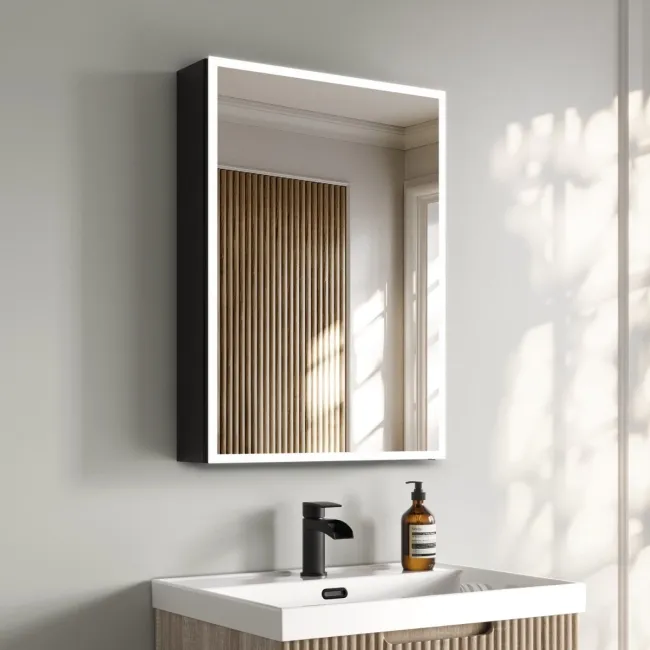 Esme Battery Powered Matt Black Illuminated LED Mirror Cabinet 700x500mm