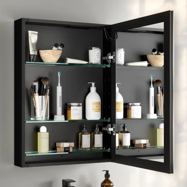 Esme Battery Powered Matt Black Illuminated LED Mirror Cabinet 700x500mm