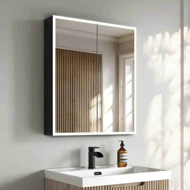 Esme Battery Powered Matt Black Illuminated LED Mirror Cabinet 700x600mm