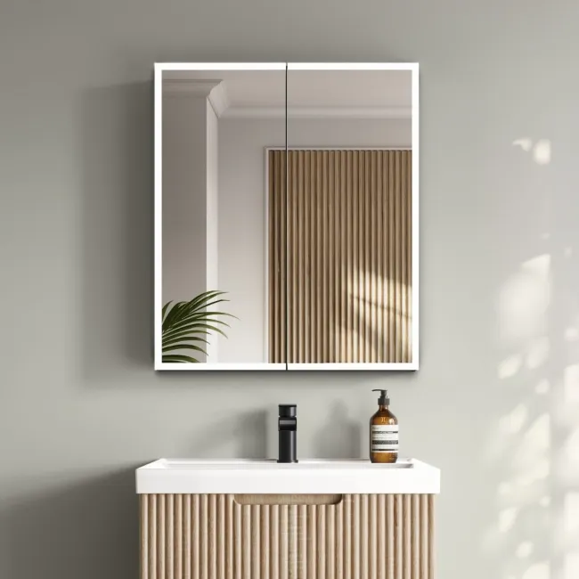Esme Battery Powered Matt Black Illuminated LED Mirror Cabinet 700x600mm